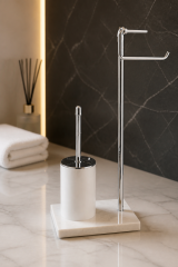 Mermer Klozet Fırçası ve Tuvalet Kağıtlık Seti Ayaklı Banyo Seti Pirinç Malzeme