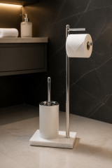 Mermer Klozet Fırçası ve Tuvalet Kağıtlık Seti Ayaklı Banyo Seti Pirinç Malzeme