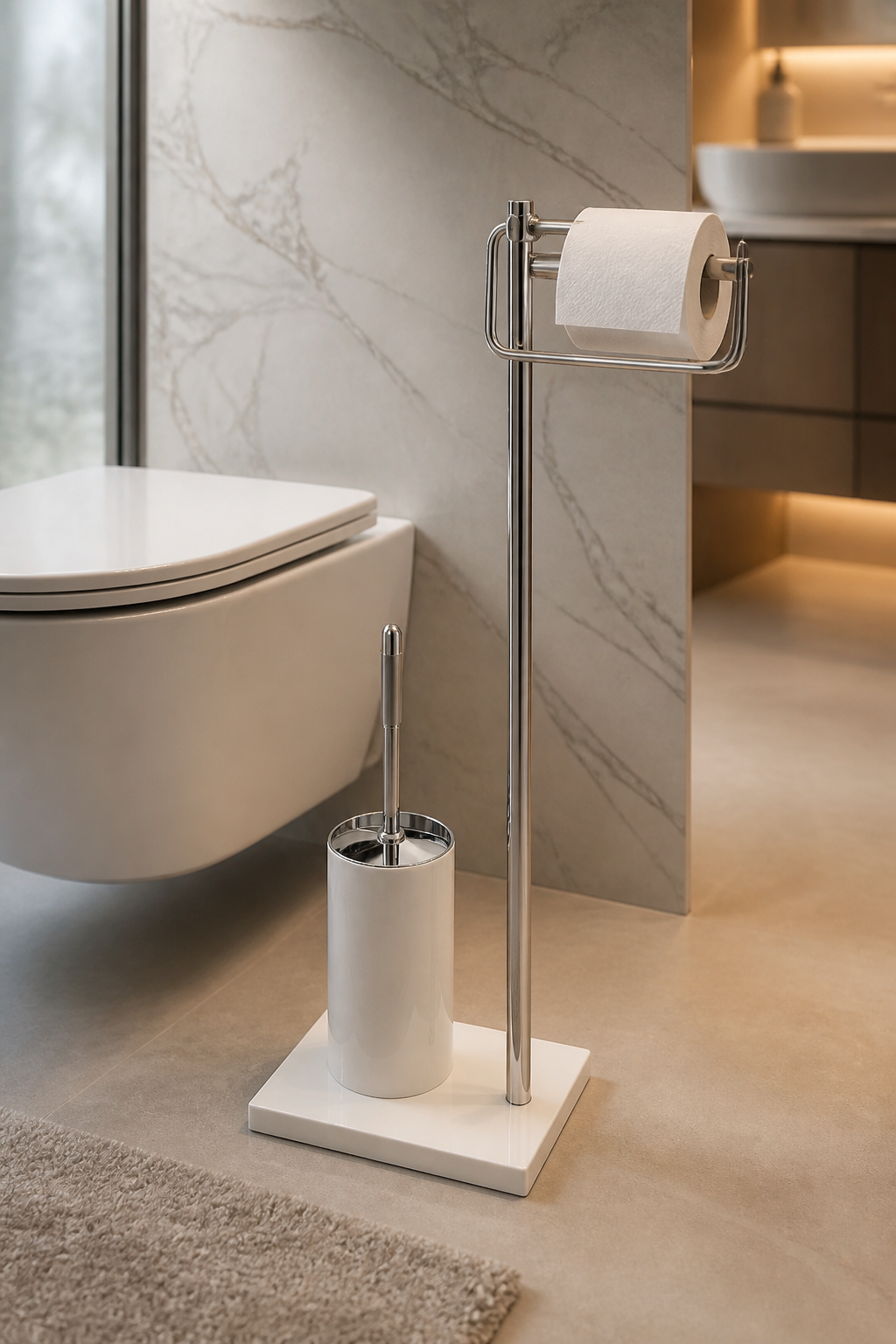 Mermer Klozet Fırçası ve Tuvalet Kağıtlık Seti Ayaklı Banyo Seti Pirinç Malzeme