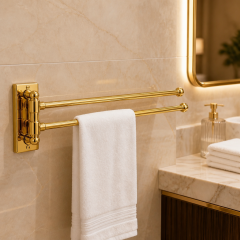 Parlak Gold Havluluk Çiftli Asklılı Havluluk Hareketli Sistem Banyo Havluluğu Parlak Gold Paslanmaz Pirinç