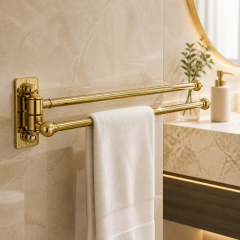 Parlak Gold Havluluk Çiftli Asklılı Havluluk Hareketli Sistem Banyo Havluluğu Parlak Gold Paslanmaz Pirinç