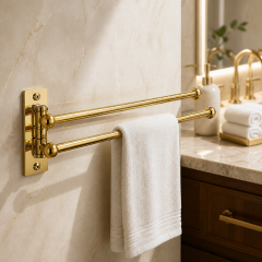 Parlak Gold Havluluk Çiftli Asklılı Havluluk Hareketli Sistem Banyo Havluluğu Parlak Gold Paslanmaz Pirinç
