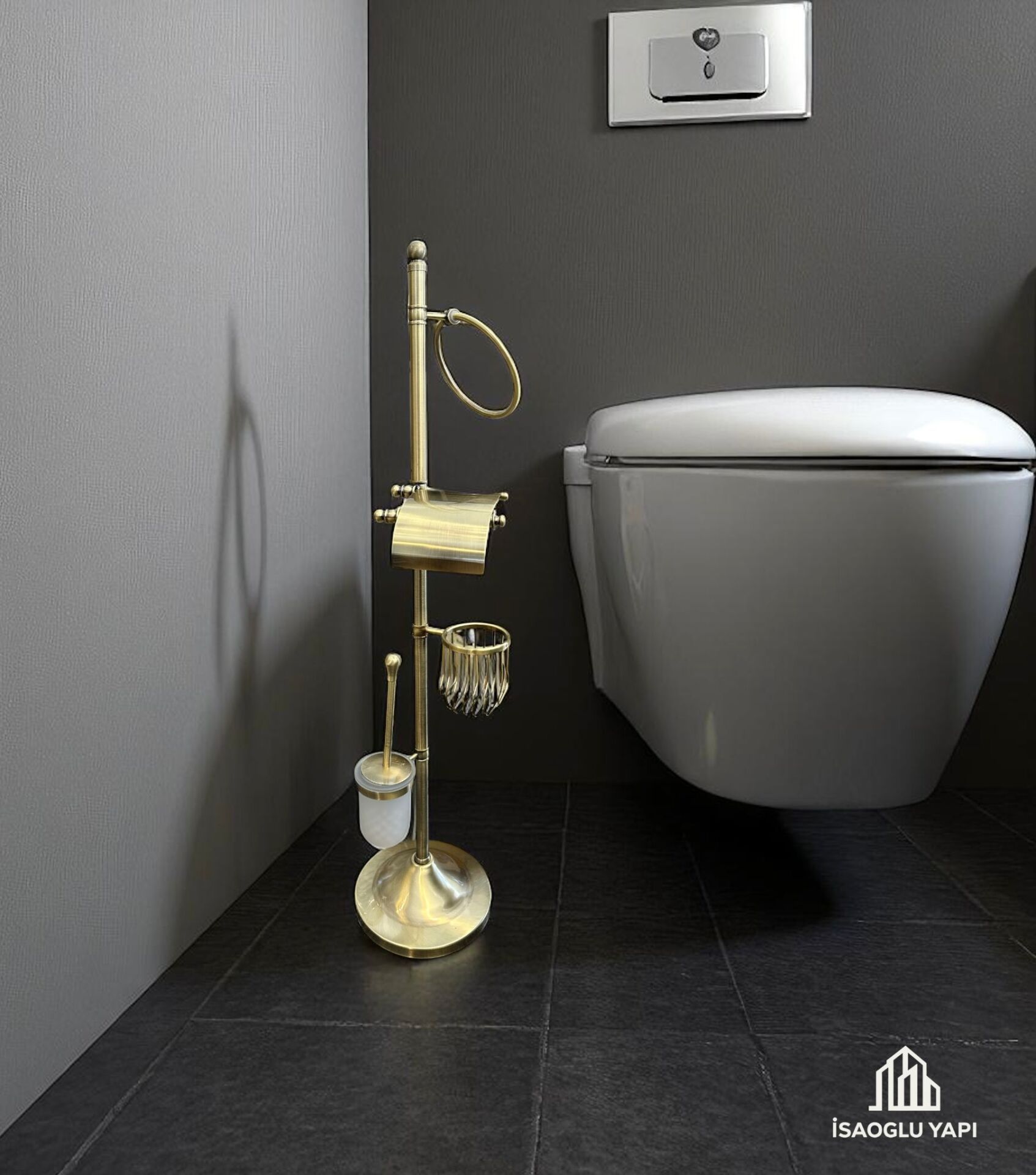 Antik Gold Tuvalet Kağıtlık Klozet Fırçası ve Havluluk Komple Ayaklı Set Pirinç Materyal