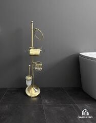 Antik Gold Tuvalet Kağıtlık Klozet Fırçası ve Havluluk Komple Ayaklı Set Pirinç Materyal