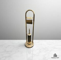 Antik Gold Tuvalet Kağıtlık ve Fırça Seti Pirinç Banyo Aksesuarı Seti Eskitme Gold Ayaklı Set
