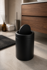 Mat Siyah Banyo Çöp Kovası Döner Kapaklı 8 Litre Mat Siyah  Pratik Estetik Banyo Çöp Kovası