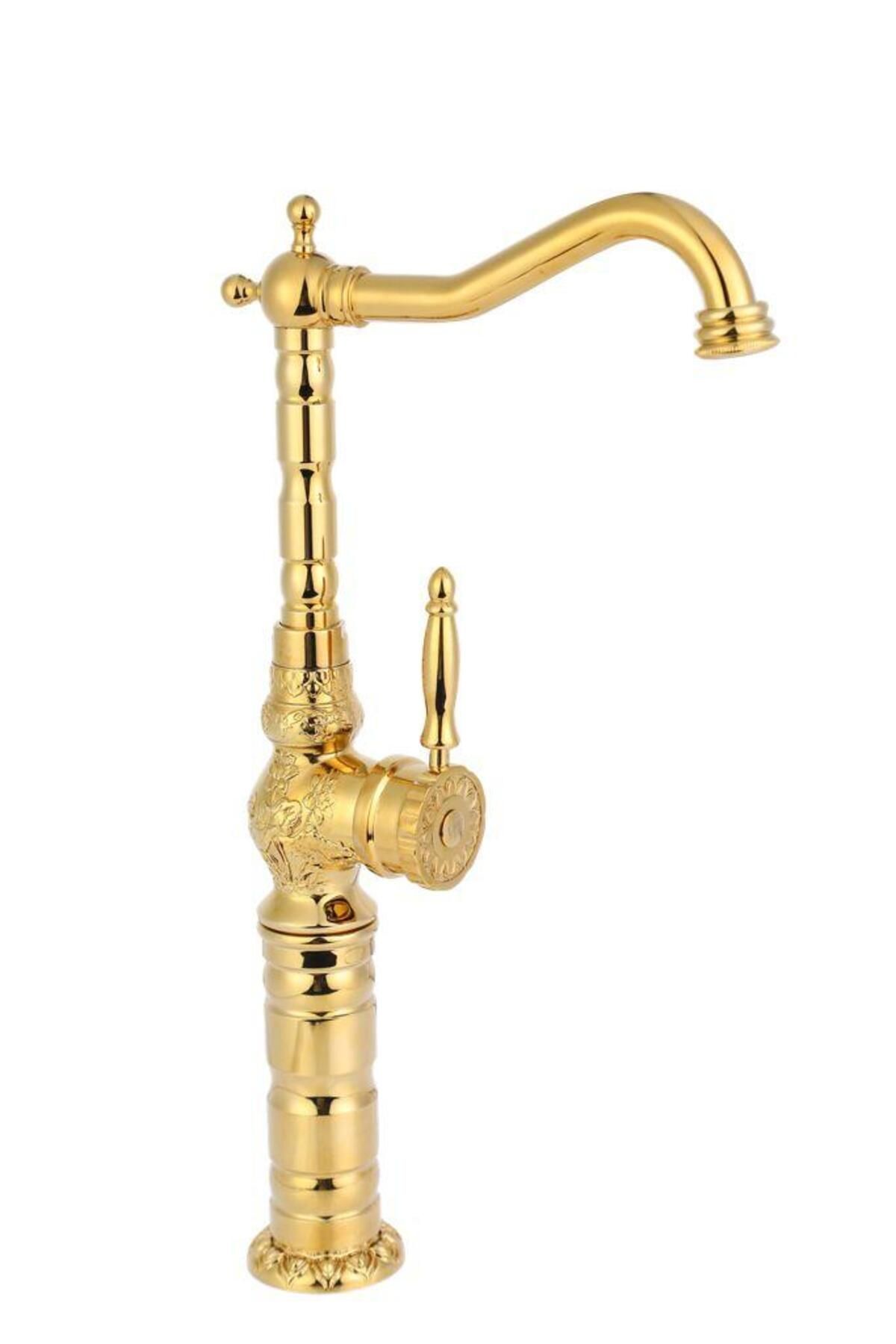 Gold Çanak Lavabo Bataryası Vintage Klasik Çanak Armatür Yüksek Model Altın Musluk