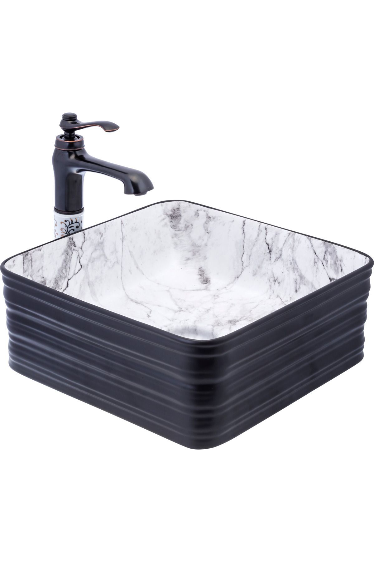 Siyah Çanak Lavabo Mermer Desen Seramik Lavabo Banyo Çanak Kare 40x40 Armatür Hariçtir