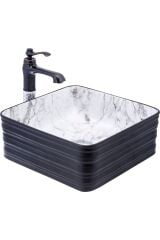 Siyah Çanak Lavabo Mermer Desen Seramik Lavabo Banyo Çanak Kare 40x40 Armatür Hariçtir