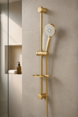 Mat Altın Duş Sistemi Mat Gold Valero Sürgülü Duş Seti ve Alt Banyo Bataryası Seti Fırçalanmış Gold