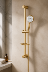 Mat Altın Duş Sistemi Mat Gold Valero Sürgülü Duş Seti ve Alt Banyo Bataryası Seti Fırçalanmış Gold