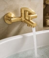 Mat Altın Duş Sistemi Mat Gold Valero Sürgülü Duş Seti ve Alt Banyo Bataryası Seti Fırçalanmış Gold