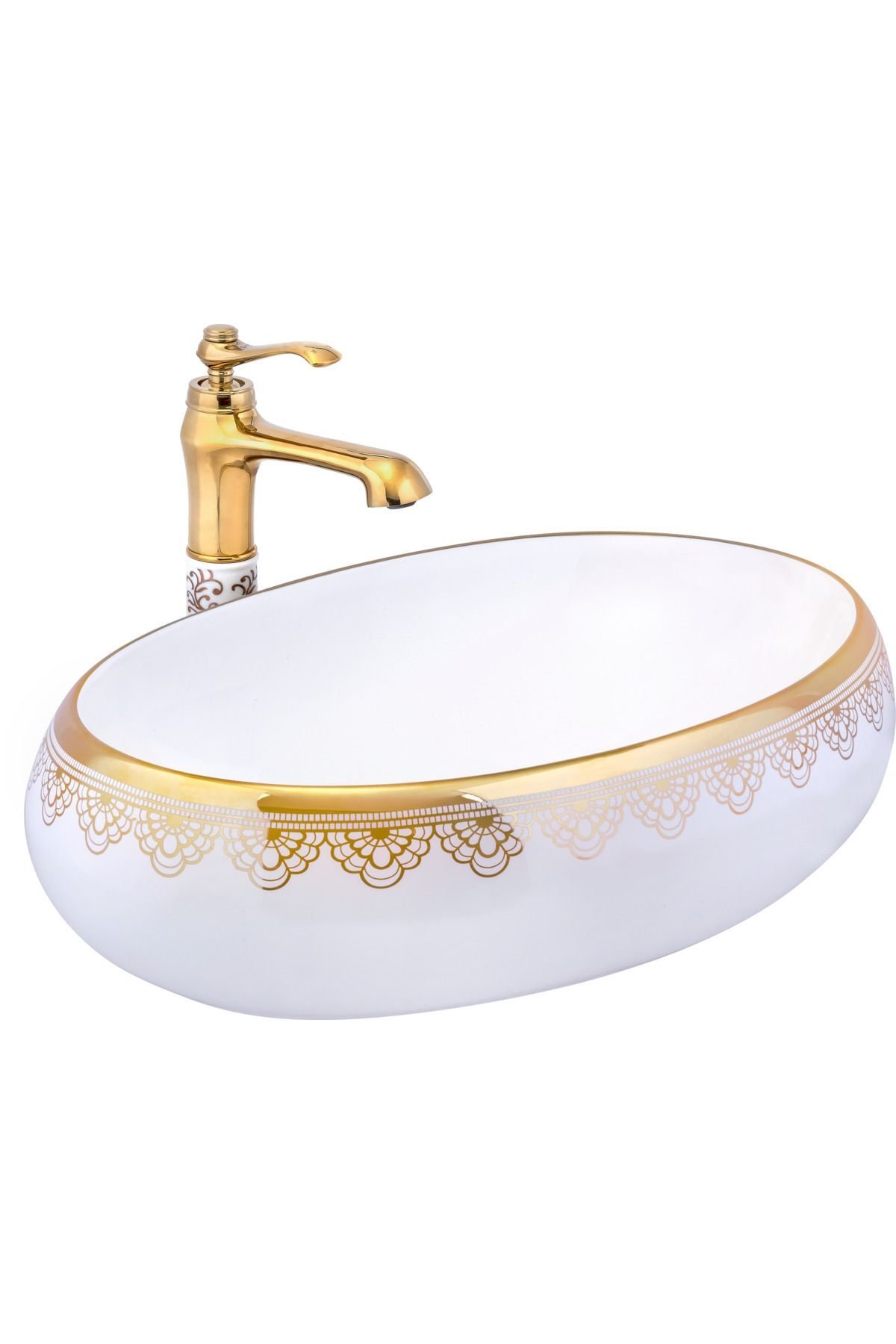 Altın Çanak Lavabo Gold Beyaz Seramik Lavabo İşlemeli Vintage 60X40 Armatür Hariçtir