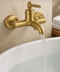 Mat Altın Duş Sistemi Vintage Tasarım Mat Gold Valero Sürgülü Duş Seti ve Alt Banyo Bataryası Seti Fırçalanmış Gold