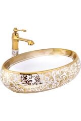 Gold Çanak Lavabo Gold Beyaz Seramik Lavabo İşlemeli 60x40 Armatür Hariçtir
