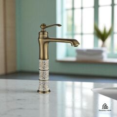 Mat Gold Çanak Lavabo Bataryası Yüksek Model Çanak Armatür Mat Altın