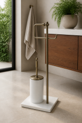 Antik Gold Tuvalet Kağıtlığı ve Klozet Fırçası Seti Birinci Kalite Mermer Eskitme Gold Banyo Ayaklı Set Retro