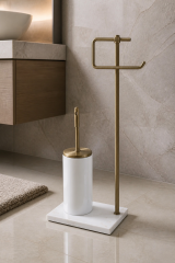 Antik Gold Tuvalet Kağıtlığı ve Klozet Fırçası Seti Birinci Kalite Mermer Eskitme Gold Banyo Ayaklı Set Retro