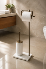 Antik Gold Tuvalet Kağıtlığı ve Klozet Fırçası Seti Birinci Kalite Mermer Eskitme Gold Banyo Ayaklı Set Retro