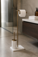 Antik Gold Tuvalet Kağıtlığı ve Klozet Fırçası Seti Birinci Kalite Mermer Eskitme Gold Banyo Ayaklı Set Retro