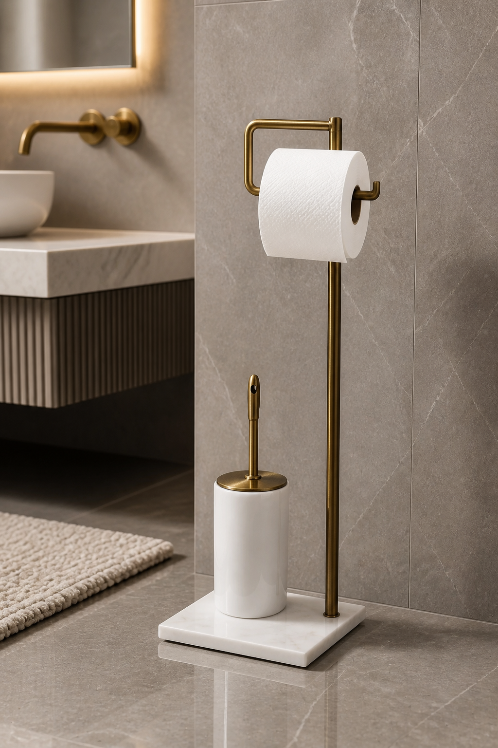 Antik Gold Tuvalet Kağıtlığı ve Klozet Fırçası Seti Birinci Kalite Mermer Eskitme Gold Banyo Ayaklı Set Retro