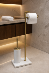 Antik Gold Tuvalet Kağıtlığı ve Klozet Fırçası Seti Birinci Kalite Mermer Eskitme Gold Banyo Ayaklı Set Retro