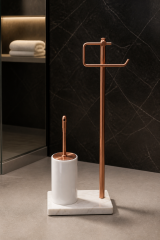 Mat Bakır Tuvalet Kağıtlığı ve Klozet Fırçası Seti Birinci Kalite Mermer Bronz Bakır Banyo Ayaklı Set Retro