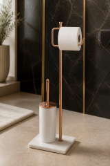 Mat Bakır Tuvalet Kağıtlığı ve Klozet Fırçası Seti Birinci Kalite Mermer Bronz Bakır Banyo Ayaklı Set Retro