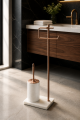 Mat Bakır Tuvalet Kağıtlığı ve Klozet Fırçası Seti Birinci Kalite Mermer Bronz Bakır Banyo Ayaklı Set Retro