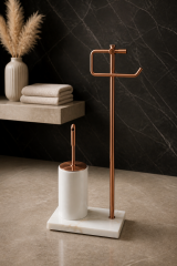 Mat Bakır Tuvalet Kağıtlığı ve Klozet Fırçası Seti Birinci Kalite Mermer Bronz Bakır Banyo Ayaklı Set Retro