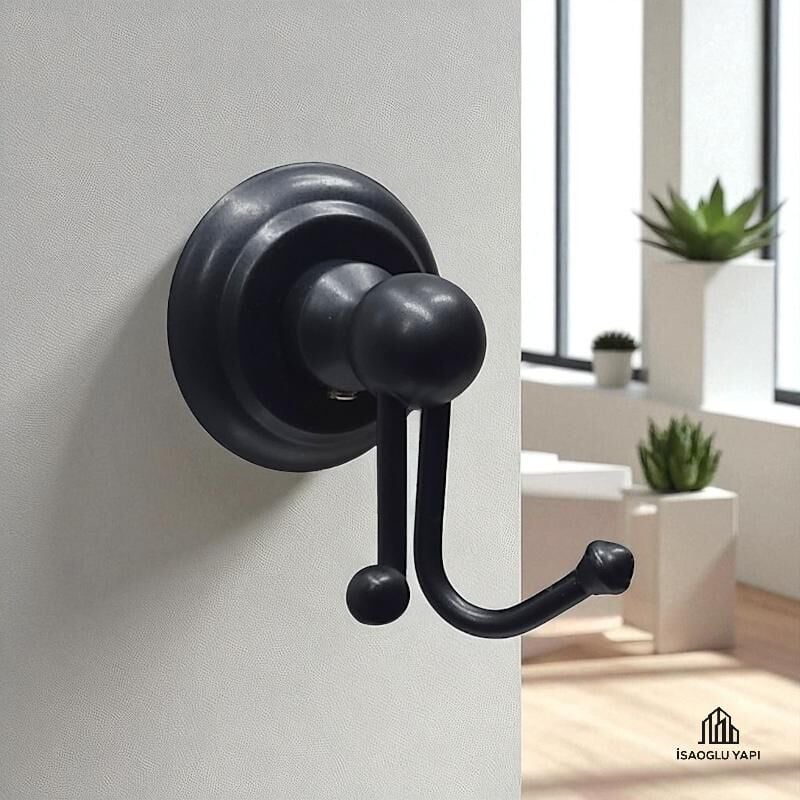 Siyah Bornozluk Siyah İkili Askılık Vintage Seri Klasik Tasarım Mat Siyah Askılık