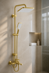 Mat Gold Retro Duş Seti Batarya Dahil Komple Retro Mat Altın Fırçalanmış Tepe Yağmurlama Duş Sistemi