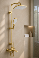 Mat Gold Retro Duş Seti Batarya Dahil Komple Retro Mat Altın Fırçalanmış Tepe Yağmurlama Duş Sistemi