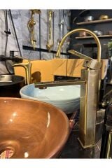 Mat Gold Çanak Lavabo Bataryası Mat Altın Lavabo Musluğu Kare Tasarım Mat Antik Gold