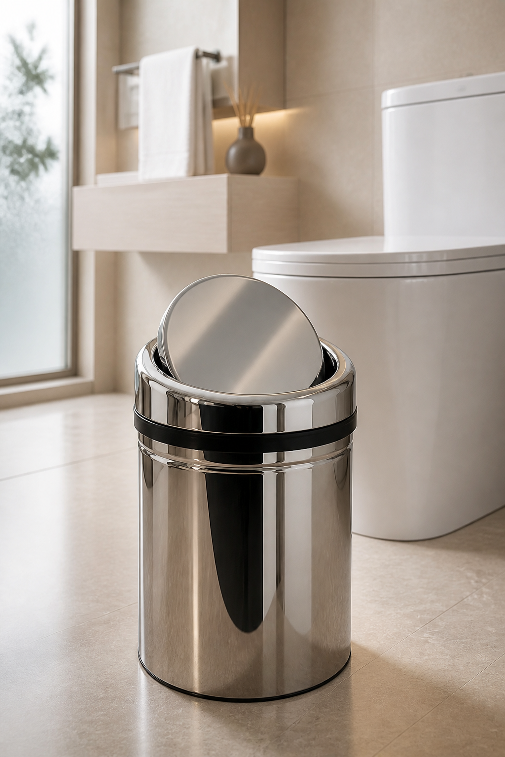 Banyo Çöp Kovası Döner Kapaklı Pratik Kapak 8 Litre Paslanmaz Çelik Banyo Çöp Kovası