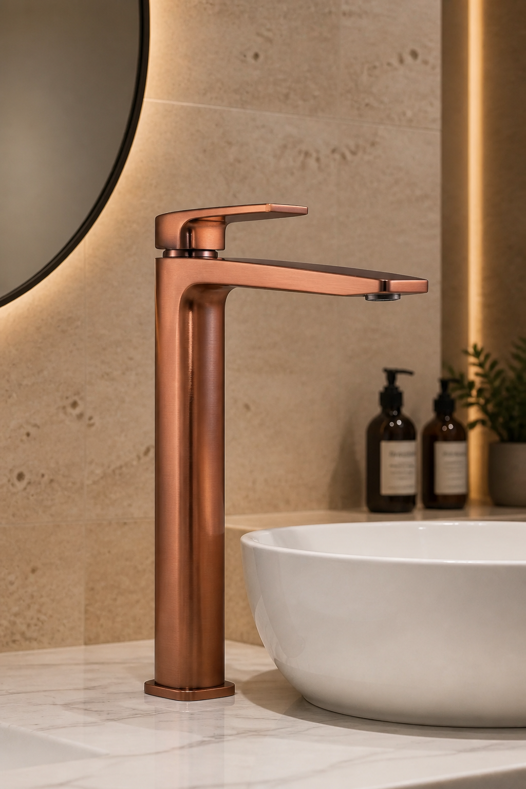 Mat Bakır Çanak Lavabo Bataryası Mat Bronz Yüksek Kare Tasarım Pirinç Lavabo Armatürü Mat Bronz