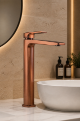 Mat Bakır Çanak Lavabo Bataryası Mat Bronz Yüksek Kare Tasarım Pirinç Lavabo Armatürü Mat Bronz