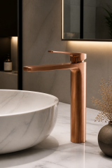 Mat Bakır Çanak Lavabo Bataryası Mat Bronz Yüksek Kare Tasarım Pirinç Lavabo Armatürü Mat Bronz