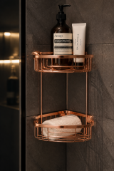 Mat Bakır Banyo Şampuanlık İkili Köşelik Pirinç Mat Bronz Renk Paslanmaz Çelik Malzeme Mat Bakır