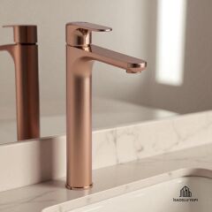 Bakır Çanak Lavabo Bataryası Bronz Çanak Armatür Yüksel Model Pirinç Materyal Rose Bakır Batarya