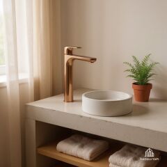 Bakır Çanak Lavabo Bataryası Bronz Çanak Armatür Yüksel Model Pirinç Materyal Rose Bakır Batarya