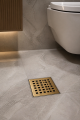 Mat Gold Yer Süzgeci Antibakteriyal Koku Giderme Özellikli Mat Altın Fırçalanmış Renk Banyo Gideri