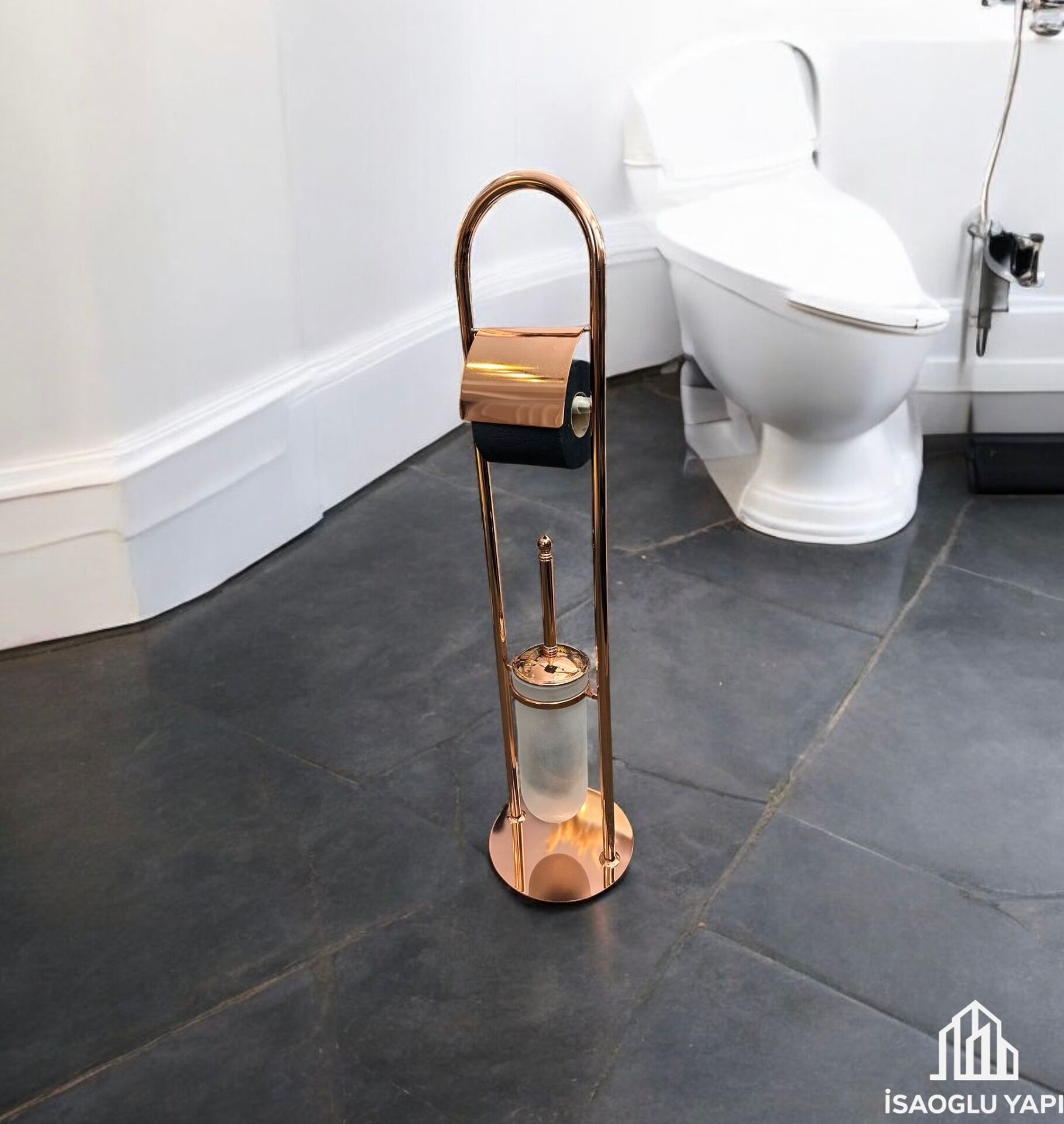 Bakır Tuvalet Kağıtlığı ve Klozet Fırçası Seti Komple Pirinç Materyal Bronz Set
