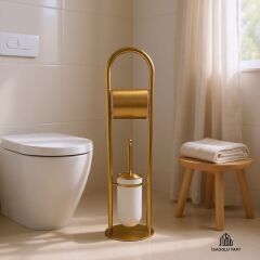 Mat Gold Klozet Fırçalık ve Tuvalet Kağıtlık Setı Mat Altın Ayaklı Banyo Seti Pirinç Malzeme
