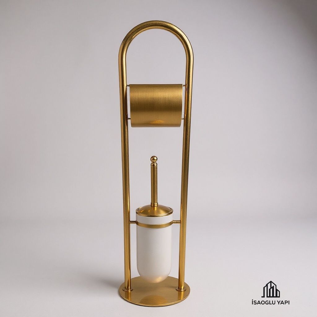 Mat Gold Klozet Fırçalık ve Tuvalet Kağıtlık Setı Mat Altın Ayaklı Banyo Seti Pirinç Malzeme
