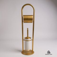 Mat Gold Klozet Fırçalık ve Tuvalet Kağıtlık Setı Mat Altın Ayaklı Banyo Seti Pirinç Malzeme