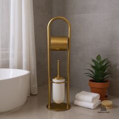 Mat Gold Klozet Fırçalık ve Tuvalet Kağıtlık Setı Mat Altın Ayaklı Banyo Seti Pirinç Malzeme