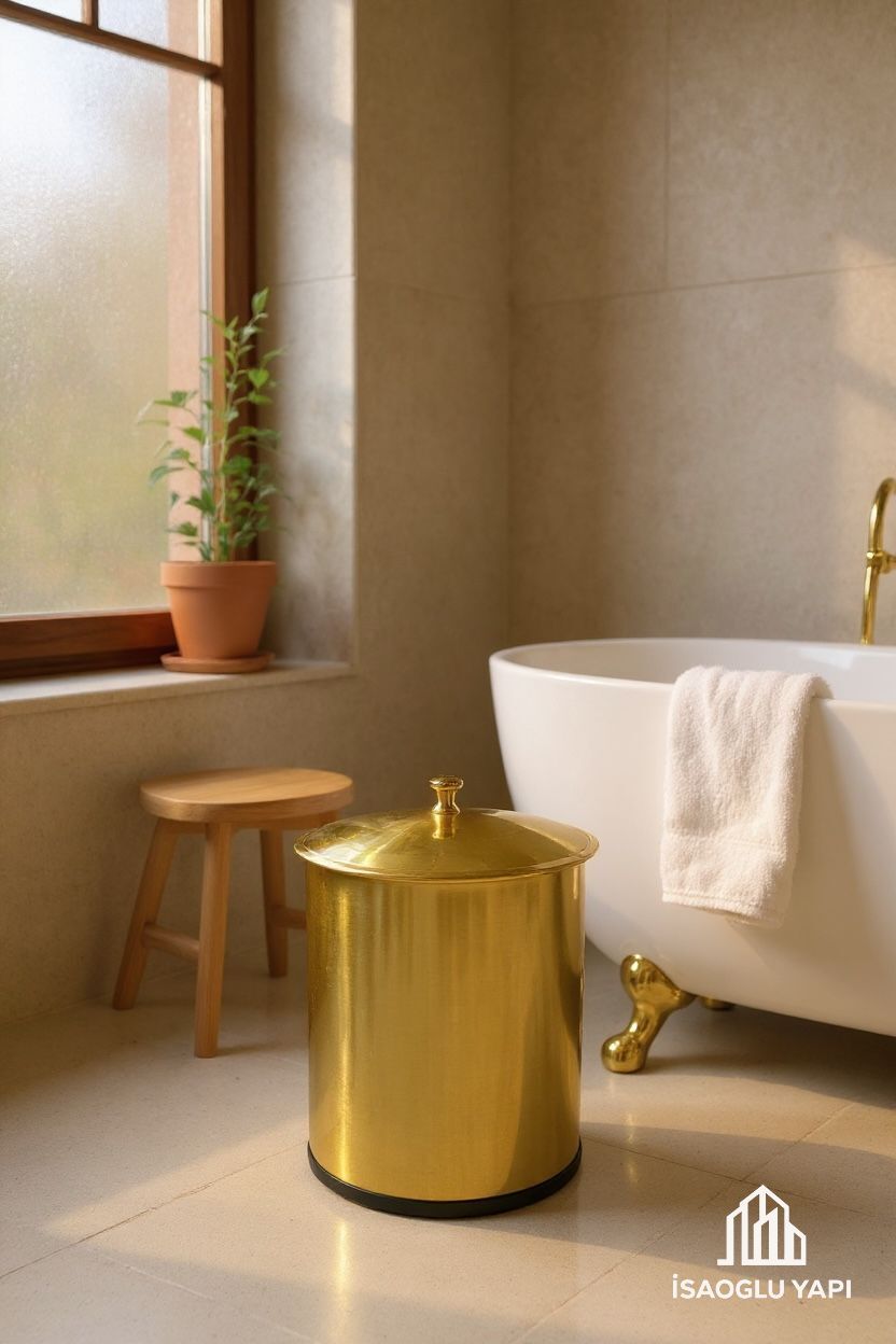 Mat Gold Çöp Kovası Vintage Klasik Tasarım Fırçalanmış Altın Metal Kova
