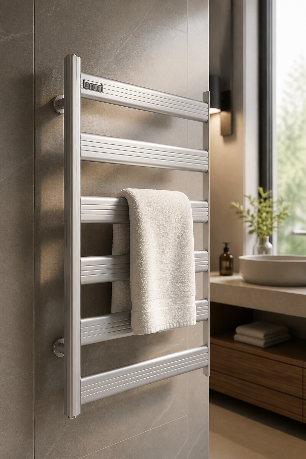 Mat Krom İnox Banyo Havlupan 50*70 Ölçü Siyah Vanalar Dahil Havlupan Mat Krom Renk Modern Slim Tasarım