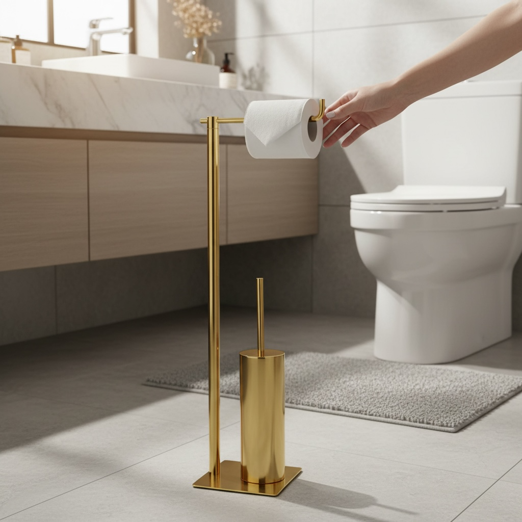 Gold Ayaklı Banyo Seti Klozet Fırçalık ve Tuvalet Kağıtlığı Modern Tasarım Banyo Aksesuarı Gold Pirinç Malzeme